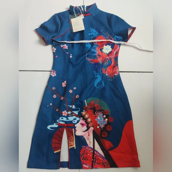 🆕 Authentic Chinese Blue & Red Qipao midi Dress Koi fish cherry blossom fans_Sm - Picture 8 of 11